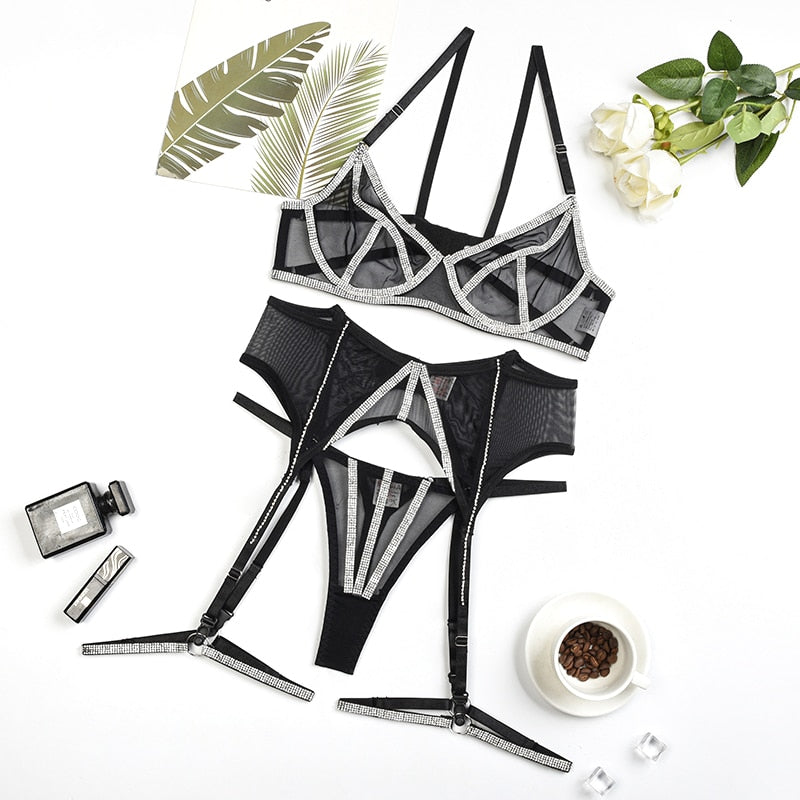 Ellolace Rhinestone Sensual Lingerie Luxury Underwear Transparent Bra Garter 4-Piece See Through Bra Glitter Delicate Intimate