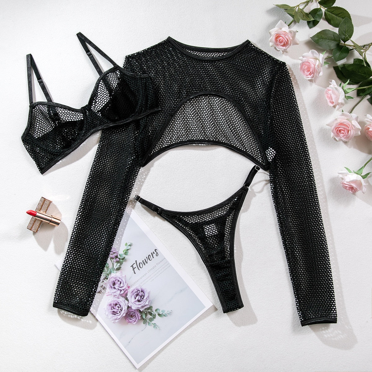 Ellolace Fishnet Lingerie Transparent Bra Set With Long Sleeve Crop Top Sissy Underwear Uncensored Sensual See Through Outfit