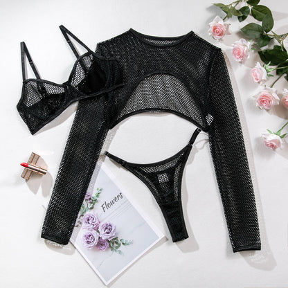 Ellolace Fishnet Lingerie Transparent Bra Set With Long Sleeve Crop Top Sissy Underwear Uncensored Sensual See Through Outfit