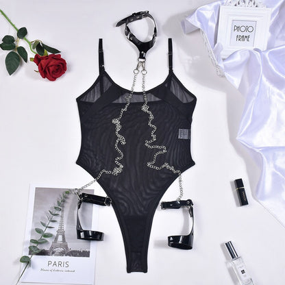 Ellolace Bondage Bodysuit Lingerie Bdsm Transparent Porn Lace Body One-Pieces With Halter Leather Chain Sexy Mesh Tights Top