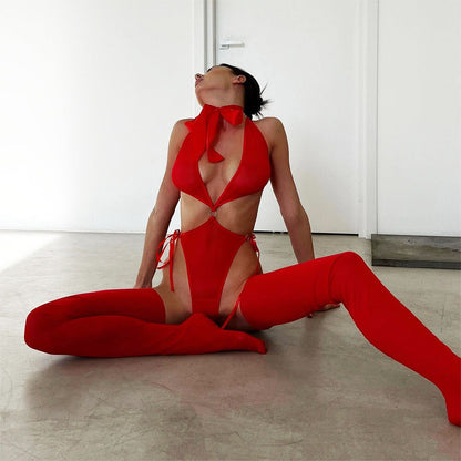 Ellolace One Piece Halter Bodysuit Hollow Patchwork Uncensored Sexy Top See through Mesh Backless Body Red Seamless Tight