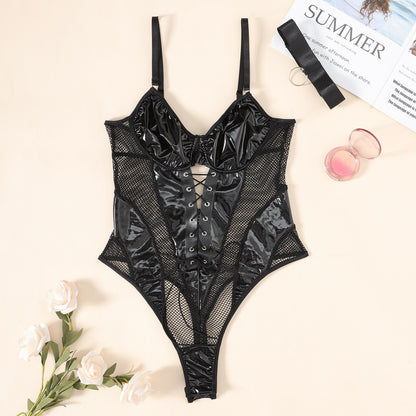 Ellolace Latex Bodysuit Sexy Lace Up Hollow Tops Black Patchwork Fetish PU Body Sissy Leather Crotchless Tight