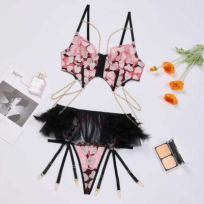 Ellolace Feather Ruffle Erotic Lingerie Heart-Shaped Bra With Chain Luxury Garter Belt Set Fairy Underwear Front Buckle Outfit