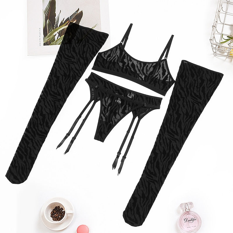 Ellolace Zebra Lingerie With Stocking Sensual Transparent Bra Pantyhose Underwear See Through Bra Lace Garter 4-Piece Erotic Set