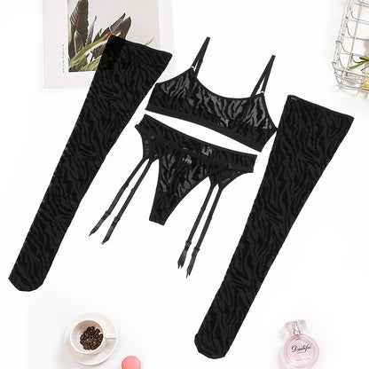 Ellolace Zebra Lingerie With Stocking Sensual Transparent Bra Pantyhose Underwear See Through Bra Lace Garter 4-Piece Erotic Set