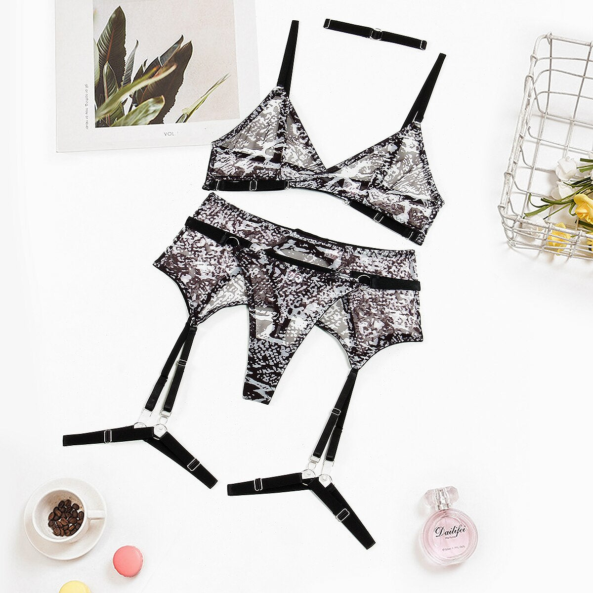 Ellolace Luxury Print Lingerie Wireless Cross Bra Sexy Outfits See Through Tulle Underwear Erotic Garter Belt Set Sissy Intimate