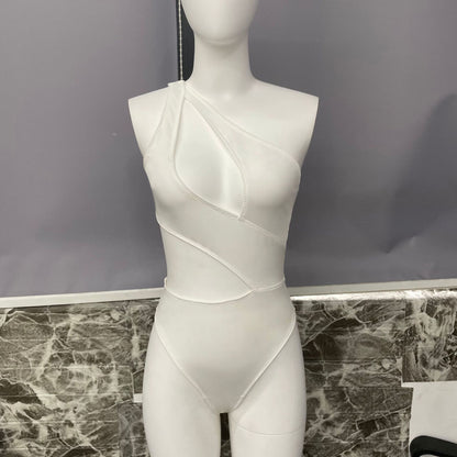 Ellolace One Shoulder Bodysuit Irregularity Midriff Tops Fine Festival Tight Fitting Woman One Piece Seamless Cut Out Body