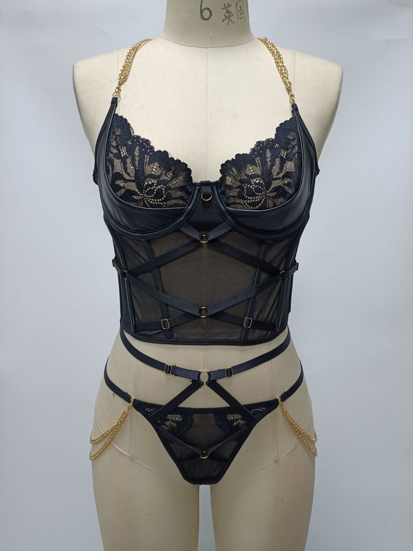 Ellolace Fancy Lingerie With Chain Lace Erotic Set Sensual Thongs Outfit Bra Kit Push Up Intimate Black See-Through Underwear