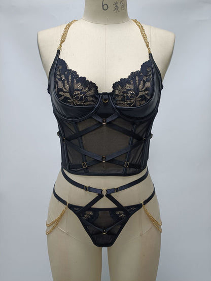 Ellolace Fancy Lingerie With Chain Lace Erotic Set Sensual Thongs Outfit Bra Kit Push Up Intimate Black See-Through Underwear