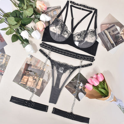 Ellolace Fancy Lingerie Sexy Lace Sensual Underwear Uncensored Transparent Bra Garter 4-Piece Luxury Erotic Seamless Intimate