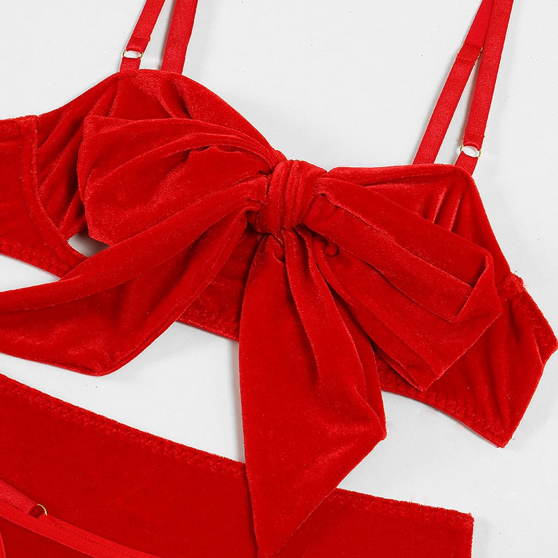 Ellolace Bowknot Lingerie Red Hot Sexy Outfits Open Bra Underwear Velvet Sensual Intim Goods With Gloves Festivals Pantys Set