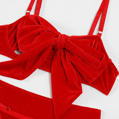Ellolace Bowknot Lingerie Red Hot Sexy Outfits Open Bra Underwear Velvet Sensual Intim Goods With Gloves Festivals Pantys Set