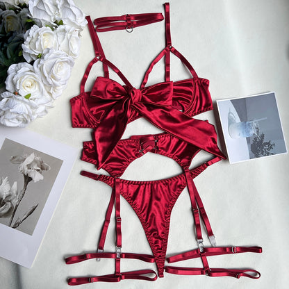 Ellolace Bowknot Lingerie Open Bra Silk Underwear Sissy Bilizna Set Uncensored Porn Sensual Intimate Garter Thongs Sexy Outfits