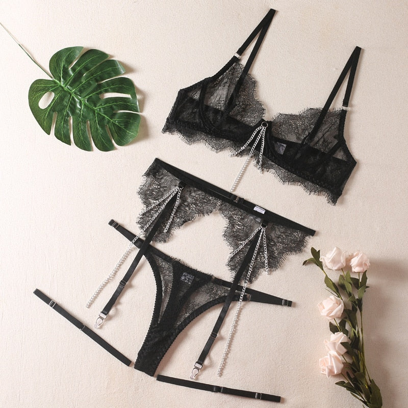 Ellolace Fancy Lingerie With Chain Tassel See Through Bra Brief Sets Sexy Garter Belt Set Intimate Underwear Uncensored 3-Piece