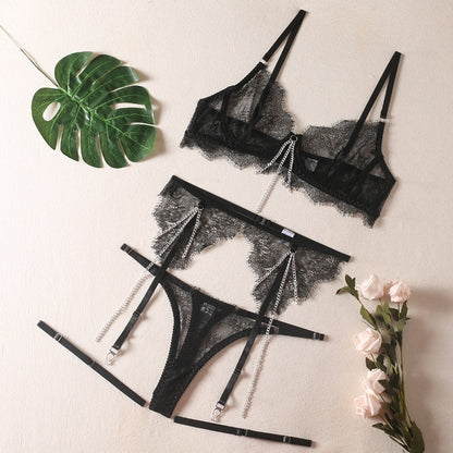 Ellolace Fancy Lingerie With Chain Tassel See Through Bra Brief Sets Sexy Garter Belt Set Intimate Underwear Uncensored 3-Piece