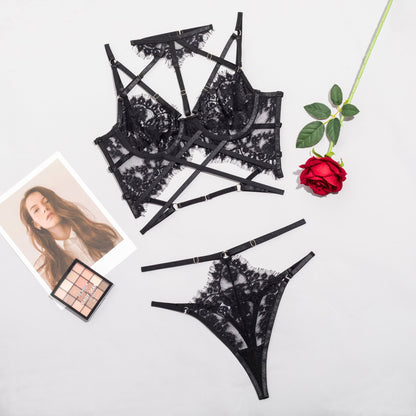 Ellolace Fancy Lingerie See Through Lace Seamless Underwear Set Women 2 Piece Sexy Outfits Uncensored Halter Exotic Sets