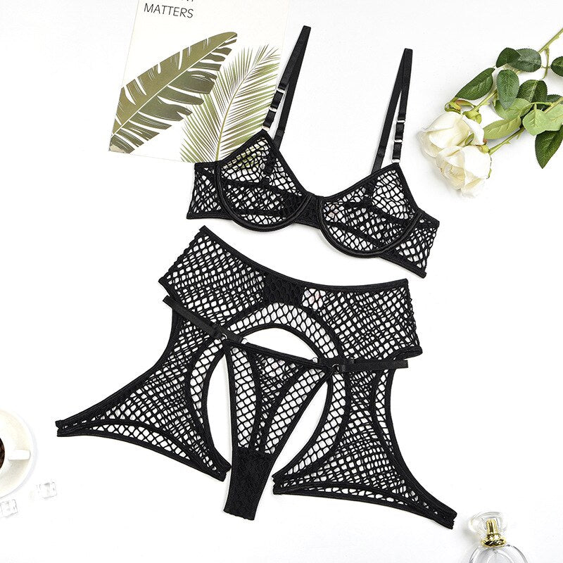 Ellolace Fishnet Lingerie Transparent Sensual Exotic Sets See Through Bra Kit Push Up 3-Piece Sissy Garter Belt Black Intimate