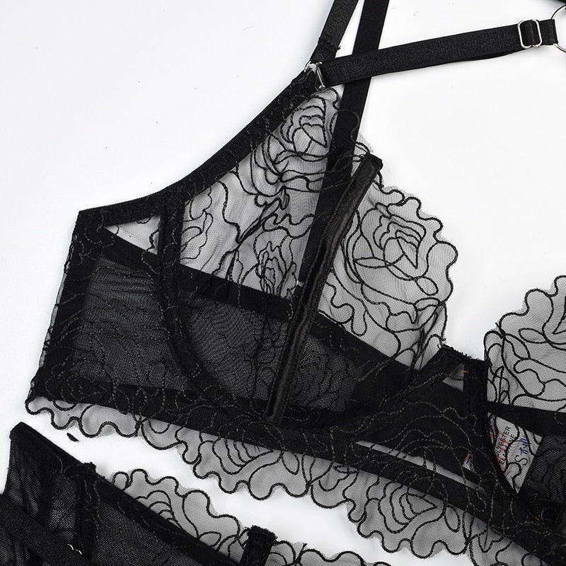 Ellolace Fancy Sensual Lingerie Sexy Halter Bra Transparent Lace Intimate Floral Garter Delicate Underwear Hot Sexy Outfit