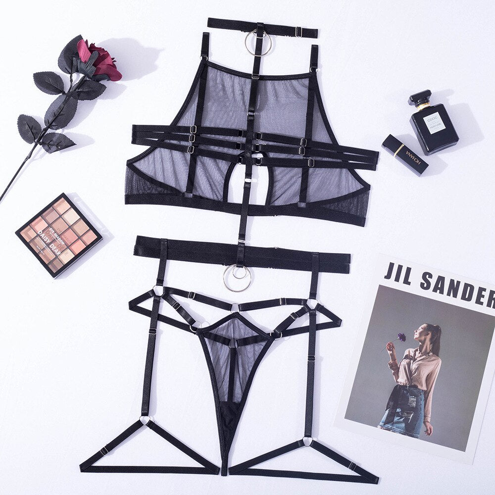 Ellolace Sensual Erotic Lingerie For Full Bandage Transparent Bra Thongs Seamless Sexy Bilizna Set Sheer Lace Fetish Outfits