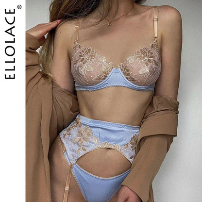 Ellolace Sexy Lingerie Lace Embroidery Erotic Underwear Set Underwire Push Up Bra Brief Sets with Garters Fancy Sensual Outfit
