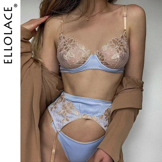 Ellolace Sexy Lingerie Lace Embroidery Erotic Underwear Set Underwire Push Up Bra Brief Sets with Garters Fancy Sensual Outfit