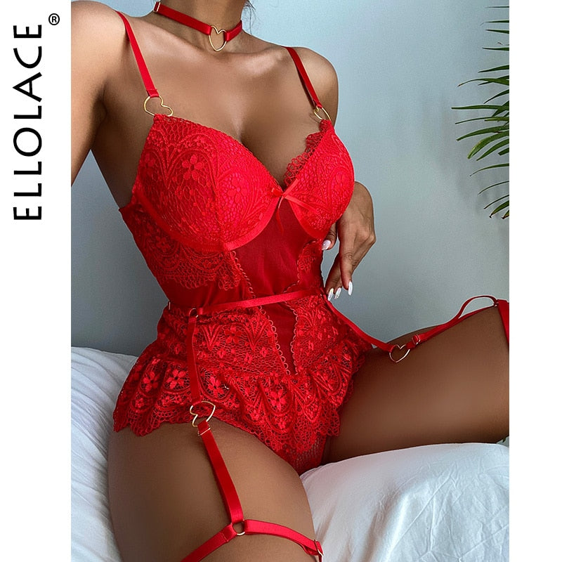 Red Bodysuit Lace Ruffle Erotic Bandage Teddies Bodysuits