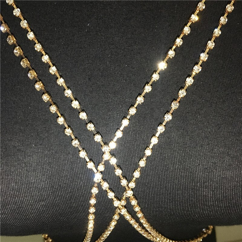 Shining Rhinestones Chest Cross Chain Boho Multi Layers Chest Chain Harness Jewellery Jewelry Crystal Chest