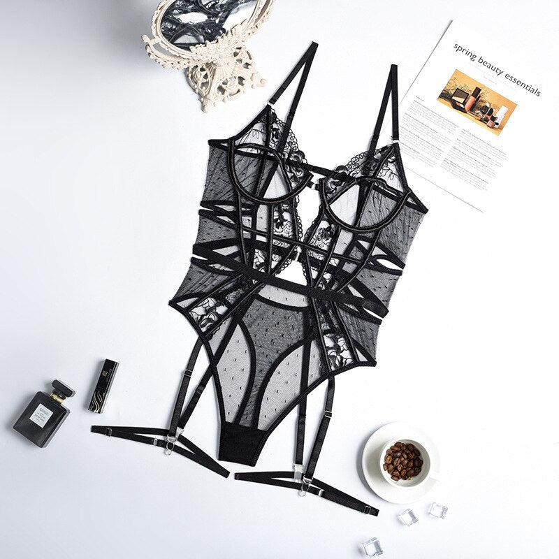 Bodysuit Women Sexy Lace Transparent High Cut Black Teddy