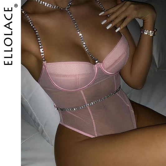 Rhinestone Sexy Bodysuit Women Lace Sleeveless Bodies Push up Bodycon High Cut Backless Top