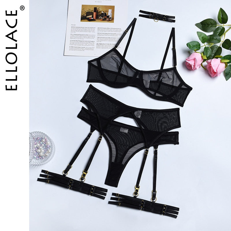 Set 4 Pieces Sexy Erotic Bra Garters Brief Sets Transparent Lace Blue