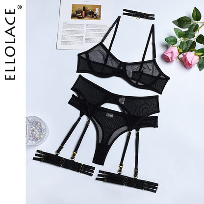Set 4 Pieces Sexy Erotic Bra Garters Brief Sets Transparent Lace Blue