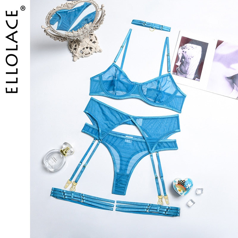 Set 4 Pieces Sexy Erotic Bra Garters Brief Sets Transparent Lace Blue