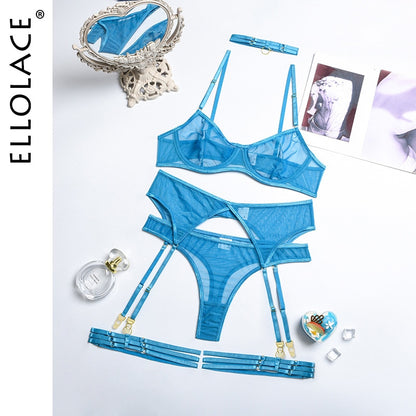 Set 4 Pieces Sexy Erotic Bra Garters Brief Sets Transparent Lace Blue