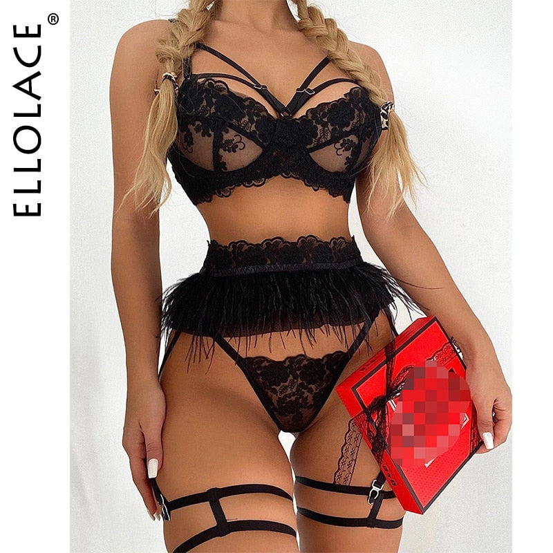 Ellolace Feder Sexy Dessous frauen Unterwäsche Set Frau 3 Stück Frauen Sets Dessous Sexy Push-up Sinnliche Dessous Frau