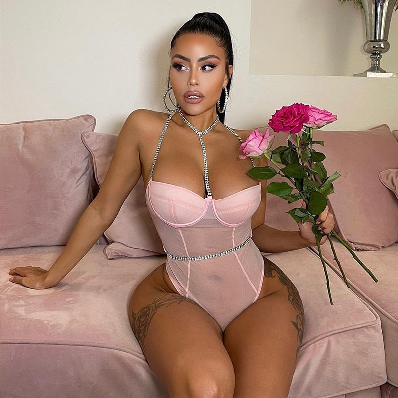 Rhinestone Sexy Bodysuit Women Lace Sleeveless Bodies Push up Bodycon High Cut Backless Top