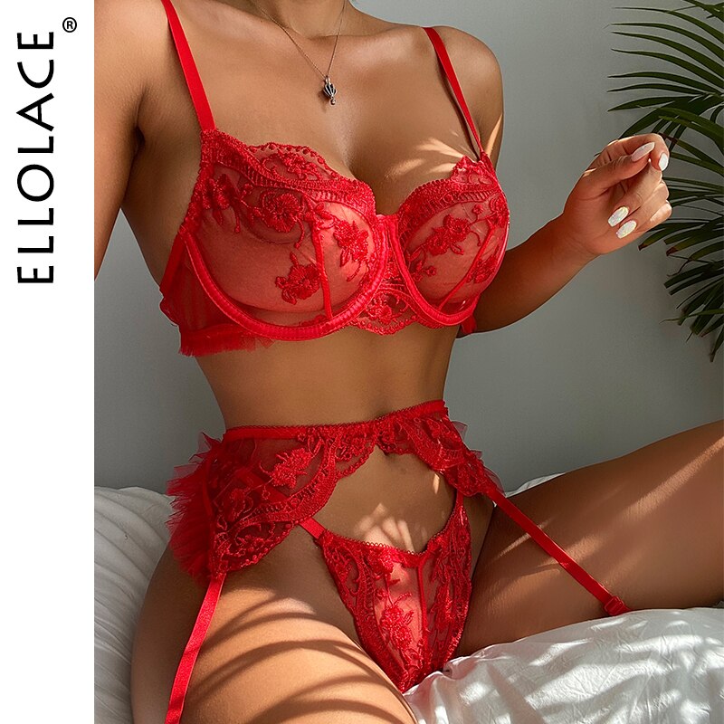 Ellolace Sensual Lingerie Red Lace Transparent Bra Garters Thongs Embroidery Fancy Bilizna Set Sexy Costume 3-Pieces Intimate
