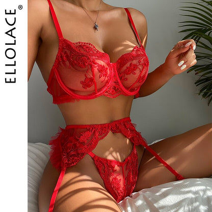 Ellolace Sensual Lingerie Red Lace Transparent Bra Garters Thongs Embroidery Fancy Bilizna Set Sexy Costume 3-Pieces Intimate