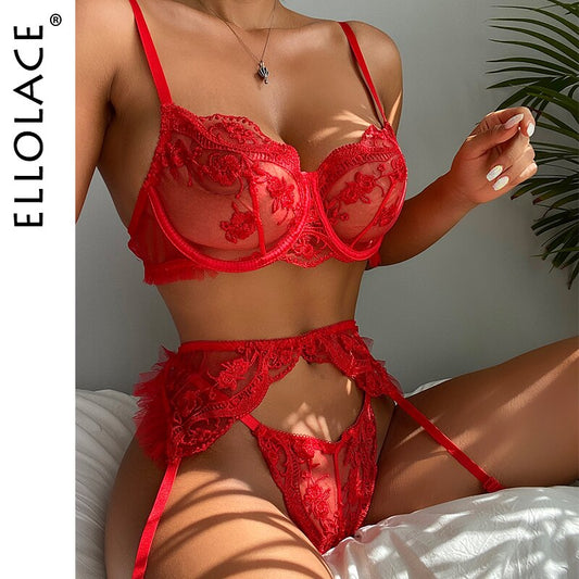 Ellolace Sensual Lingerie Red Lace Transparent Bra Garters Thongs Embroidery Fancy Bilizna Set Sexy Costume 3-Pieces Intimate