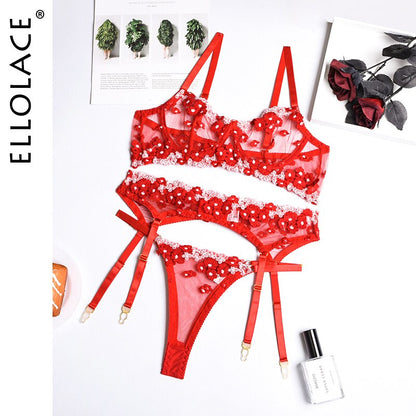 Ellolace Applique Women's Underwear Lingerie Set Sexy Underwear Set Bra with Bones 3 Piece Set Transparent Exotic Lingerie Sexy