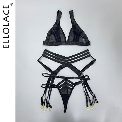 Ellolace 3-Piece Sheer Lingerie Sexy Lace Transparent Underwear Wireless Bra And Panty Set Garters and Thongs Sensual Intimate