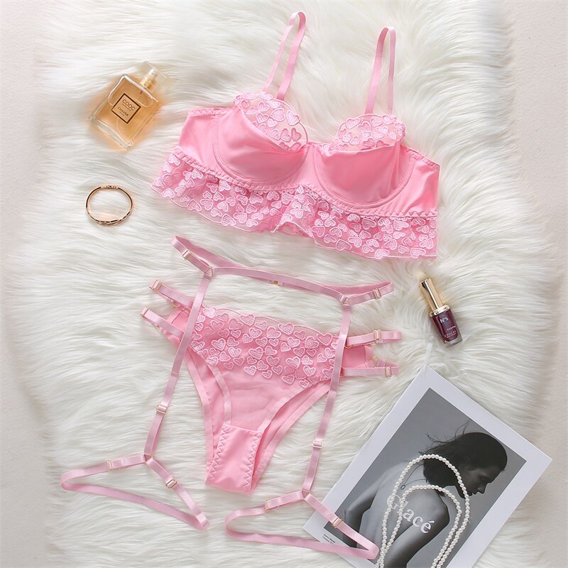 Ellolace Sexy Lingerie Set Red Sensual Lingerie Woman 3 Piece Set Ruffles Brief Sets Underwire Bra Erotic Lingerie Underwear Set