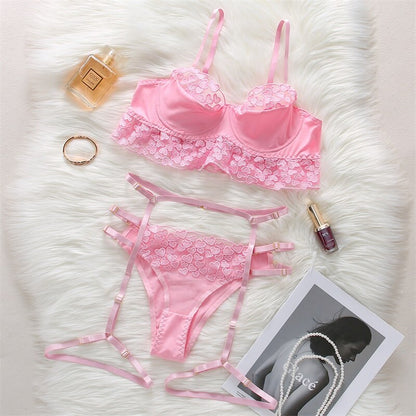 Ellolace Sexy Lingerie Set Red Sensual Lingerie Woman 3 Piece Set Ruffles Brief Sets Underwire Bra Erotic Lingerie Underwear Set