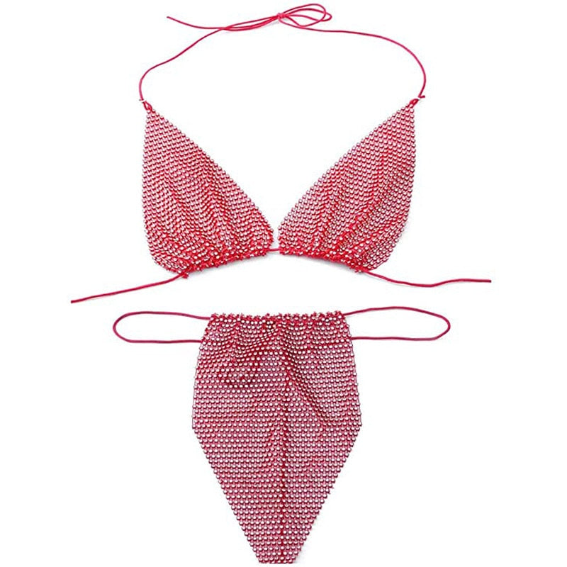 Bling Rhinestones Fishnet Bikini Women Halter Bra Sexy Panty 2 Piece Lady Set Sexy Swimwear Women