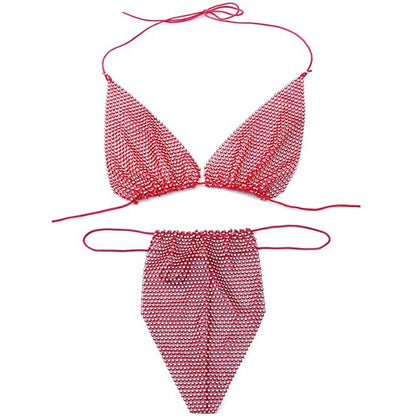 Bling Rhinestones Fishnet Bikini Women Halter Bra Sexy Panty 2 Piece Lady Set Sexy Swimwear Women