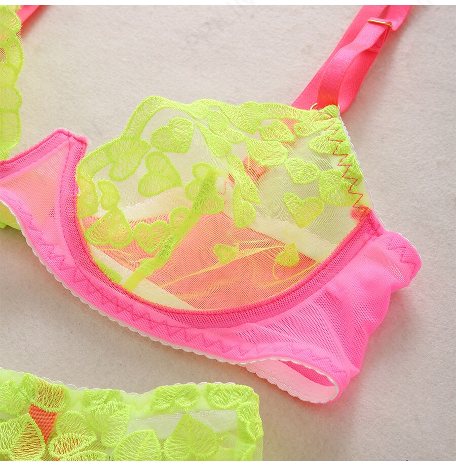 Ellolace Neon Lace Lingerie Sexy Underwear Heart-Shaped Embroidery Erotic Set Sensual Patchwork 3-Piece Garters Breves Sets