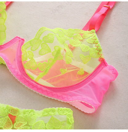 Ellolace Neon Lace Lingerie Sexy Underwear Heart-Shaped Embroidery Erotic Set Sensual Patchwork 3-Piece Garters Breves Sets