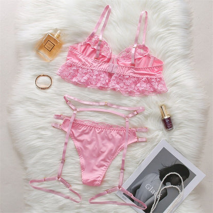 Ellolace Sexy Lingerie Set Red Sensual Lingerie Woman 3 Piece Set Ruffles Brief Sets Underwire Bra Erotic Lingerie Underwear Set