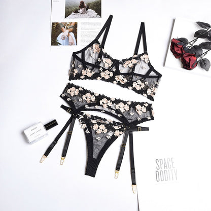 Ellolace Applique Women's Underwear Lingerie Set Sexy Underwear Set Bra with Bones 3 Piece Set Transparent Exotic Lingerie Sexy
