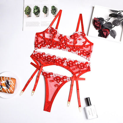 Ellolace Applique Women's Underwear Lingerie Set Sexy Underwear Set Bra with Bones 3 Piece Set Transparent Exotic Lingerie Sexy