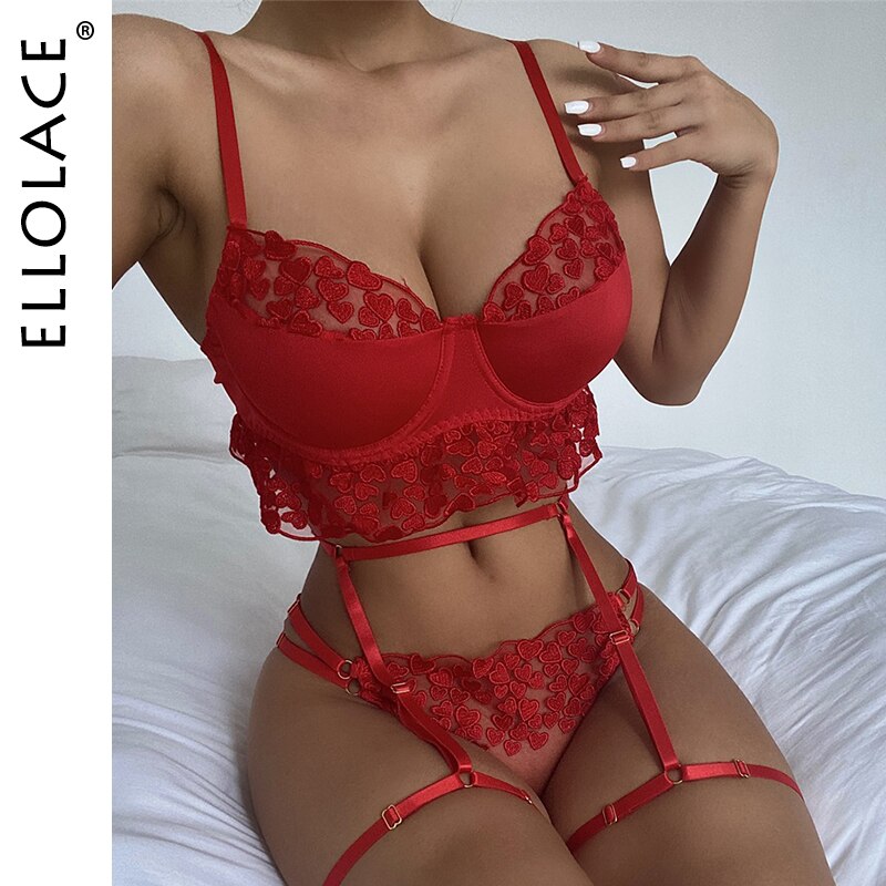 Ellolace Sexy Lingerie Set Red Sensual Lingerie Woman 3 Piece Set Ruffles Brief Sets Underwire Bra Erotic Lingerie Underwear Set